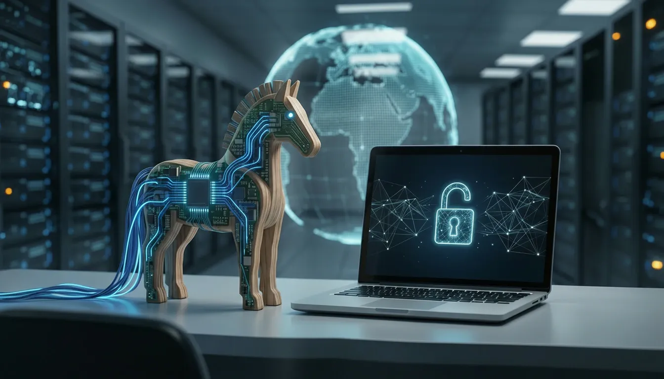 Trojan horse figure made of circuitry standing beside a laptop with an unlocked padlock icon in a server room, symbolizing how child safety initiatives can be used as a gateway for mass digital surveillance and weakened online privacy.